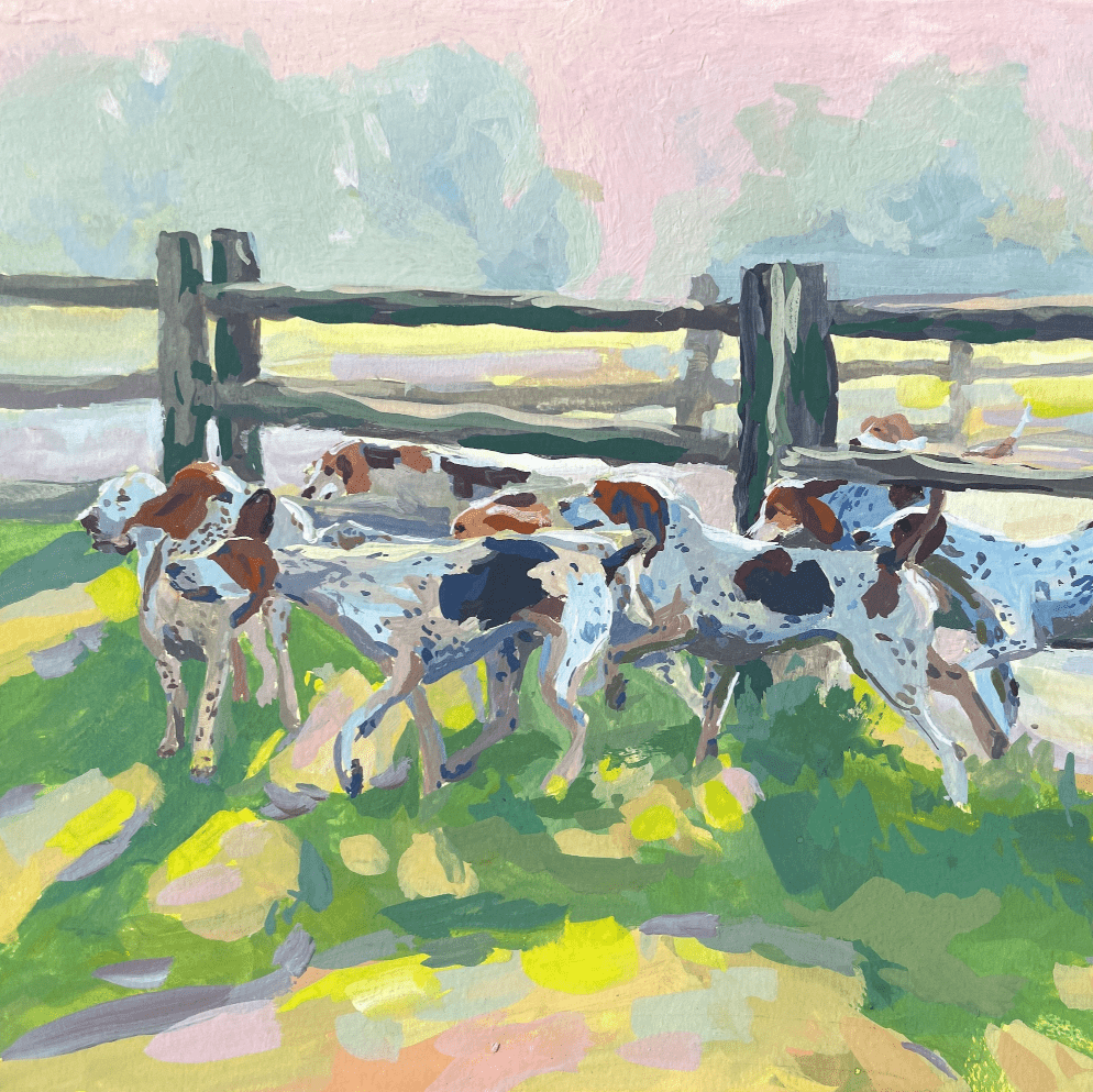 A Perfect Morning — Foxhunting Fine Art Print by Larissa Ann featuring running foxhounds. Archival equestrian wall art.