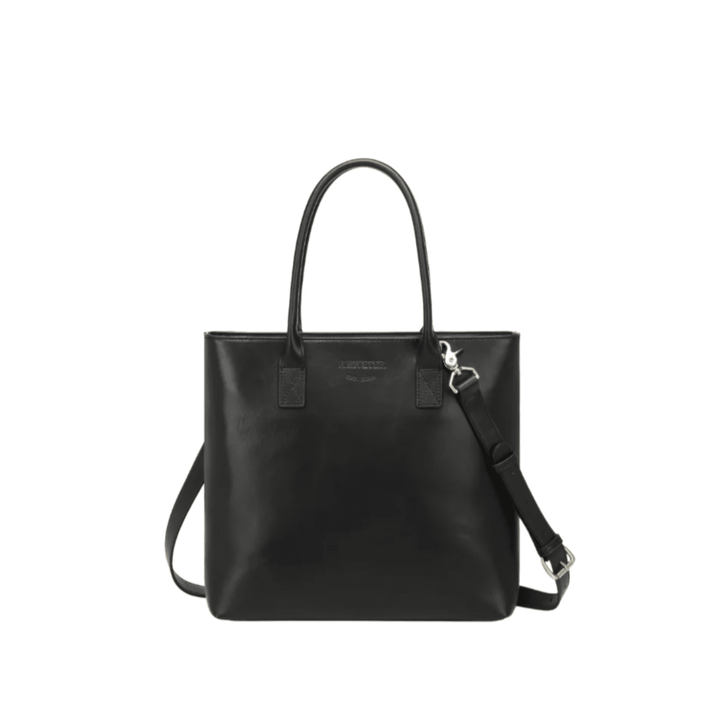 Black leather tote bag with a shoulder strap on a white background