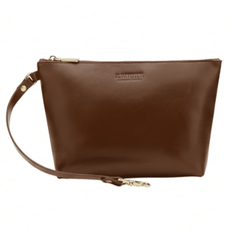 Brown leather clutch bag with a strap on a white background
