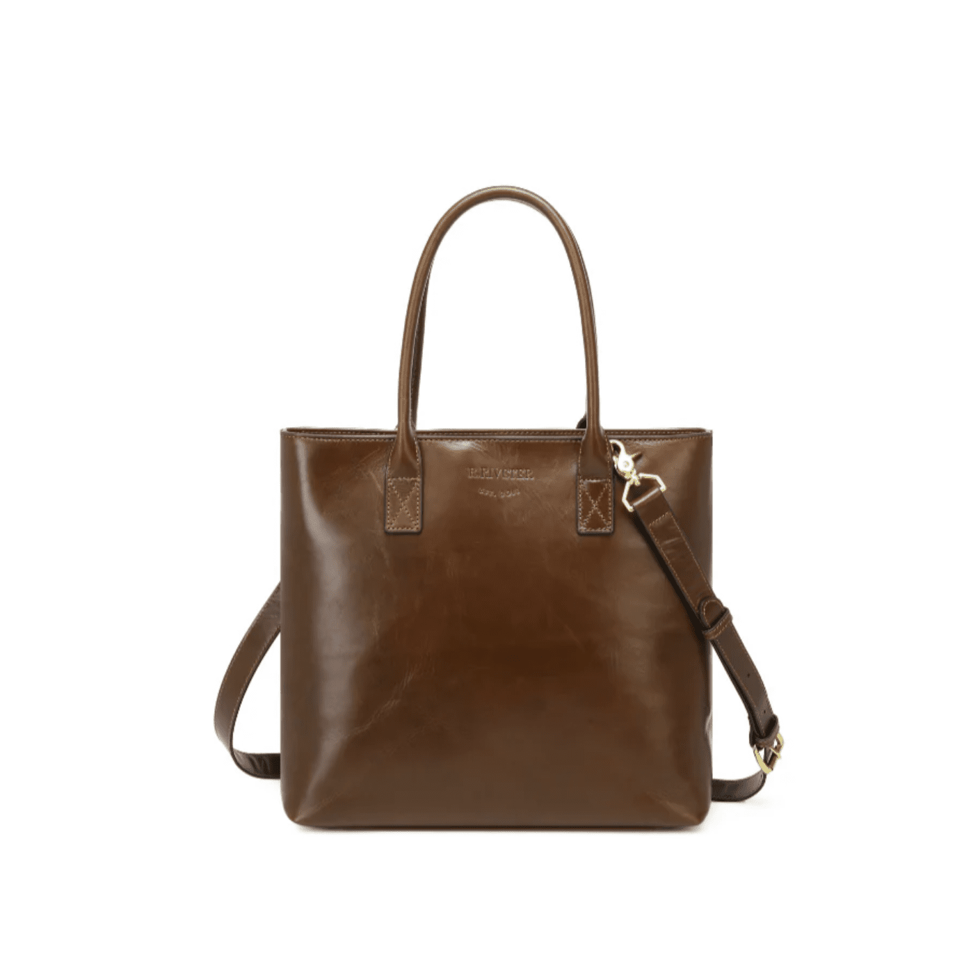 Brown leather tote bag with shoulder strap on a white background
