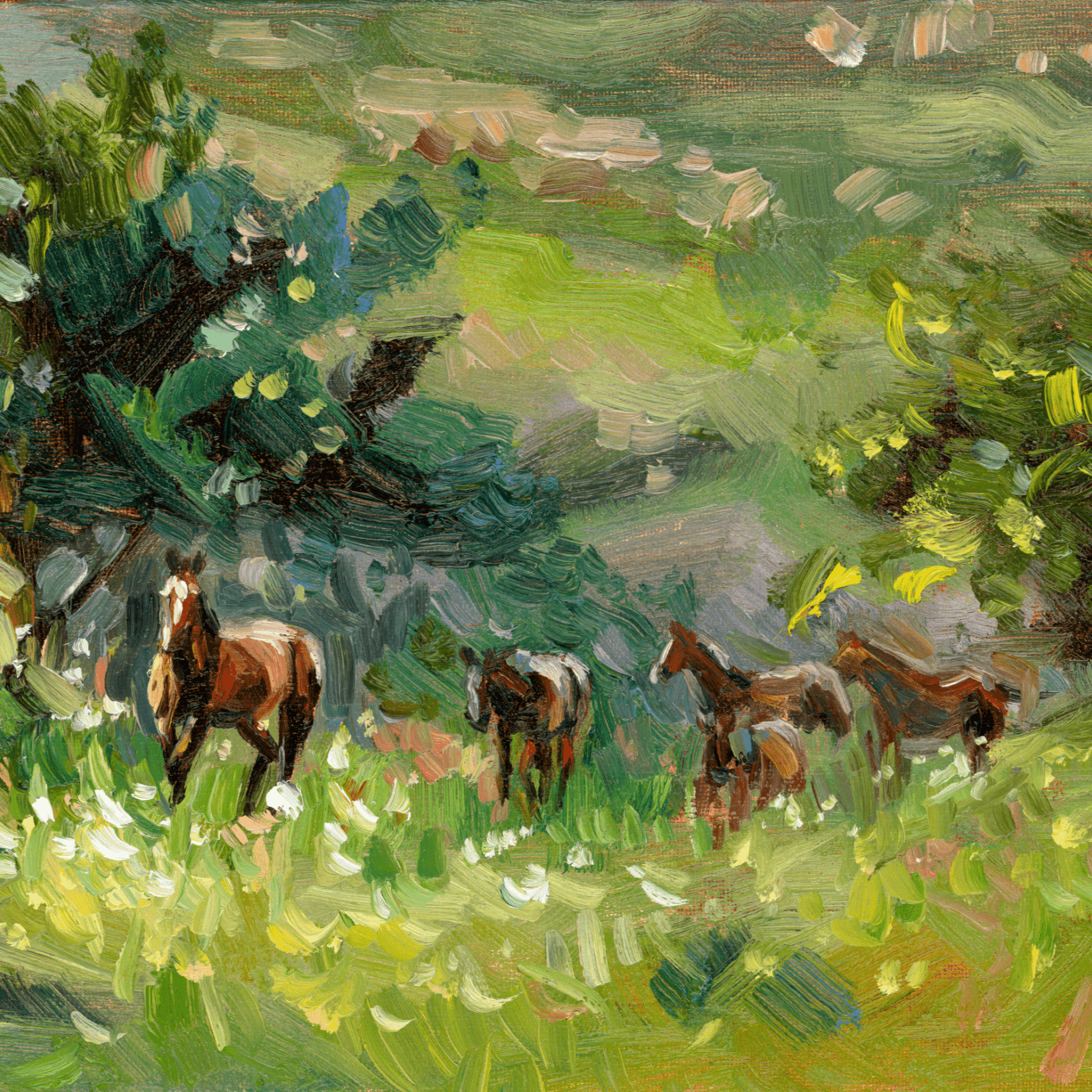 Fine art print of a painting of horses in a grassy field with trees by equestrian artist Larissa Ann