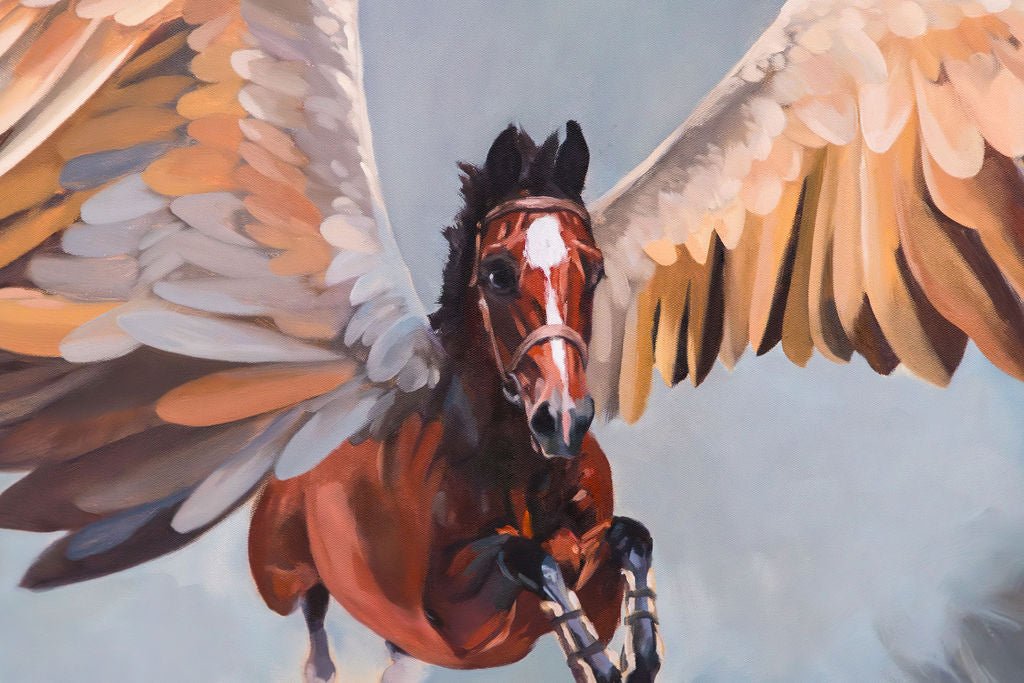 Painting of a horse with wings against a light blue background