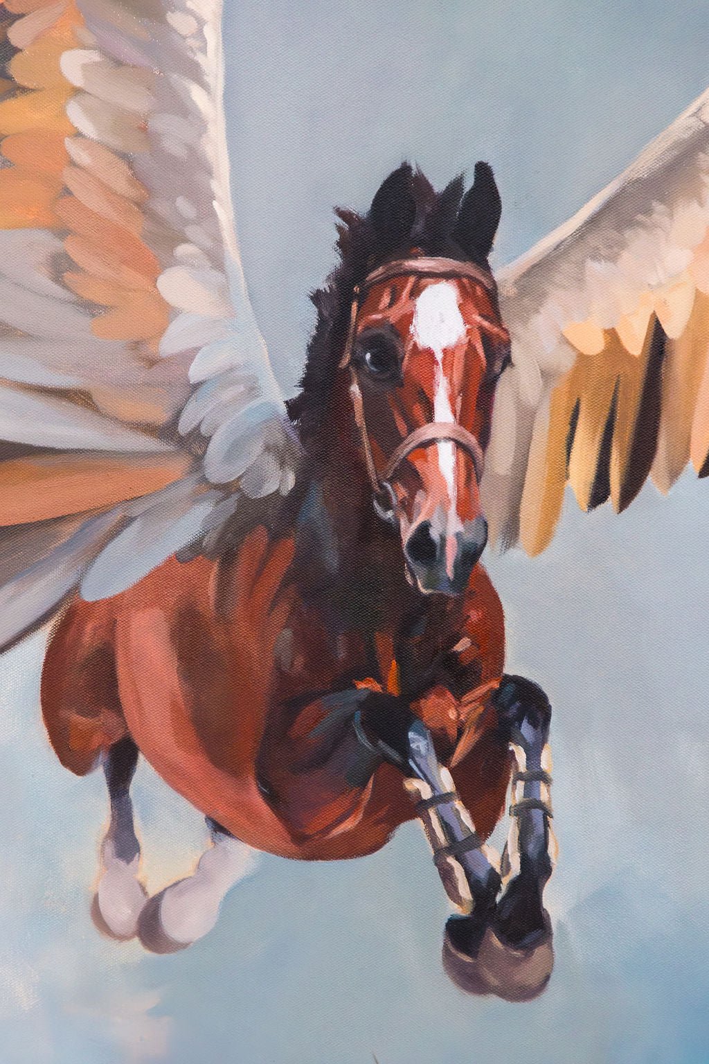 Painting of a horse with wings against a light blue background