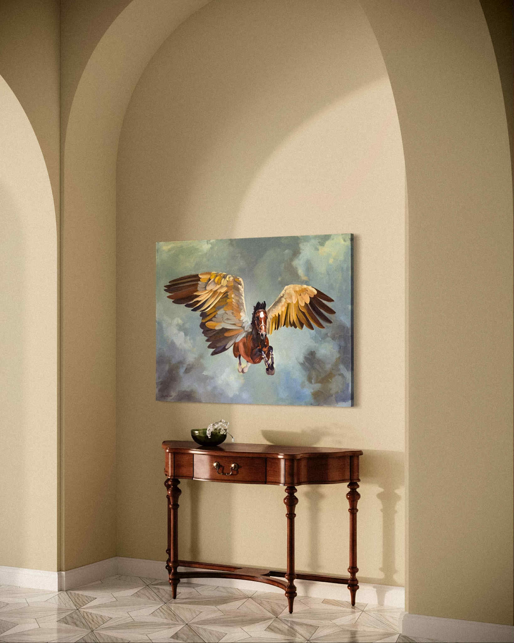 Winged Pegasus horse painting on a wall above a wooden console table in a room with arched ceilings.