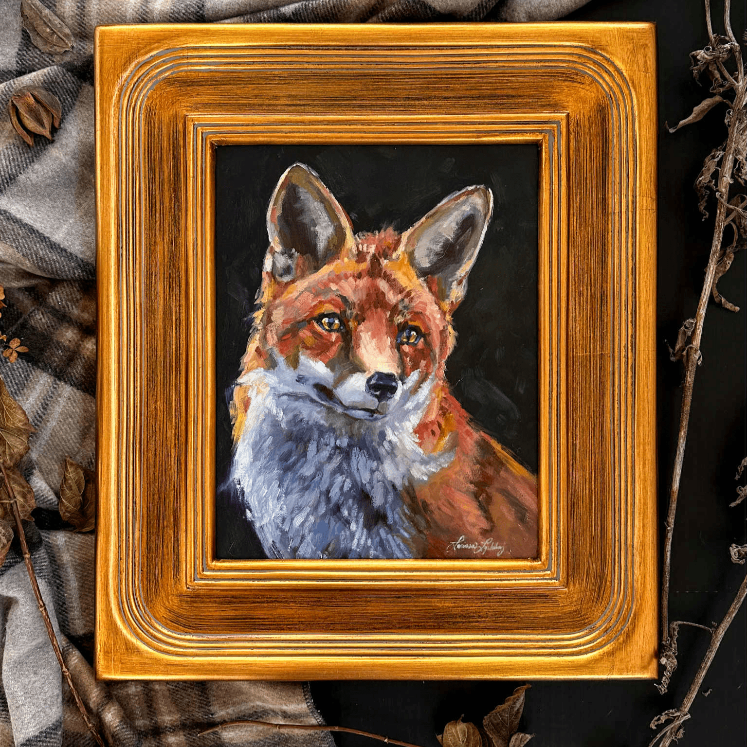 Girl in Red Coat fine art print by Larissa Ann featuring a vixen fox. Archival equestrian wall art.