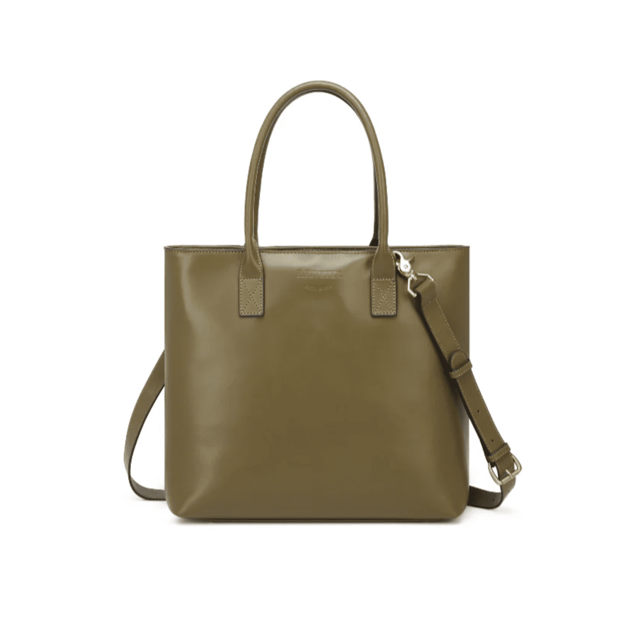 Khaki leather tote with a shoulder strap on a white background
