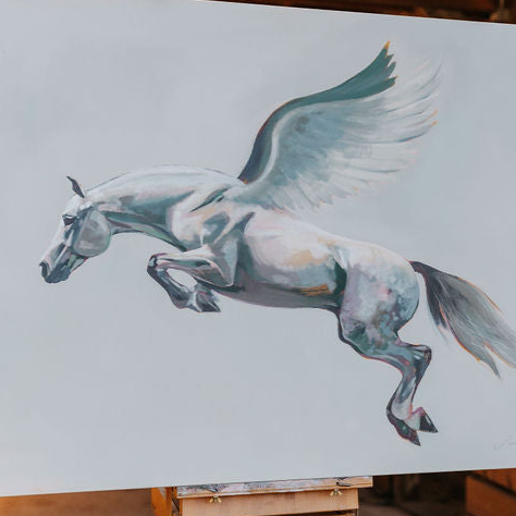 Painting of a horse with wings on a white background by artist Larissa Ann