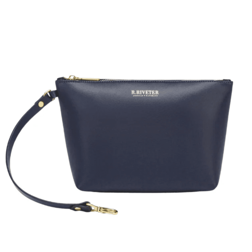 Navy blue clutch bag with a strap on a white background