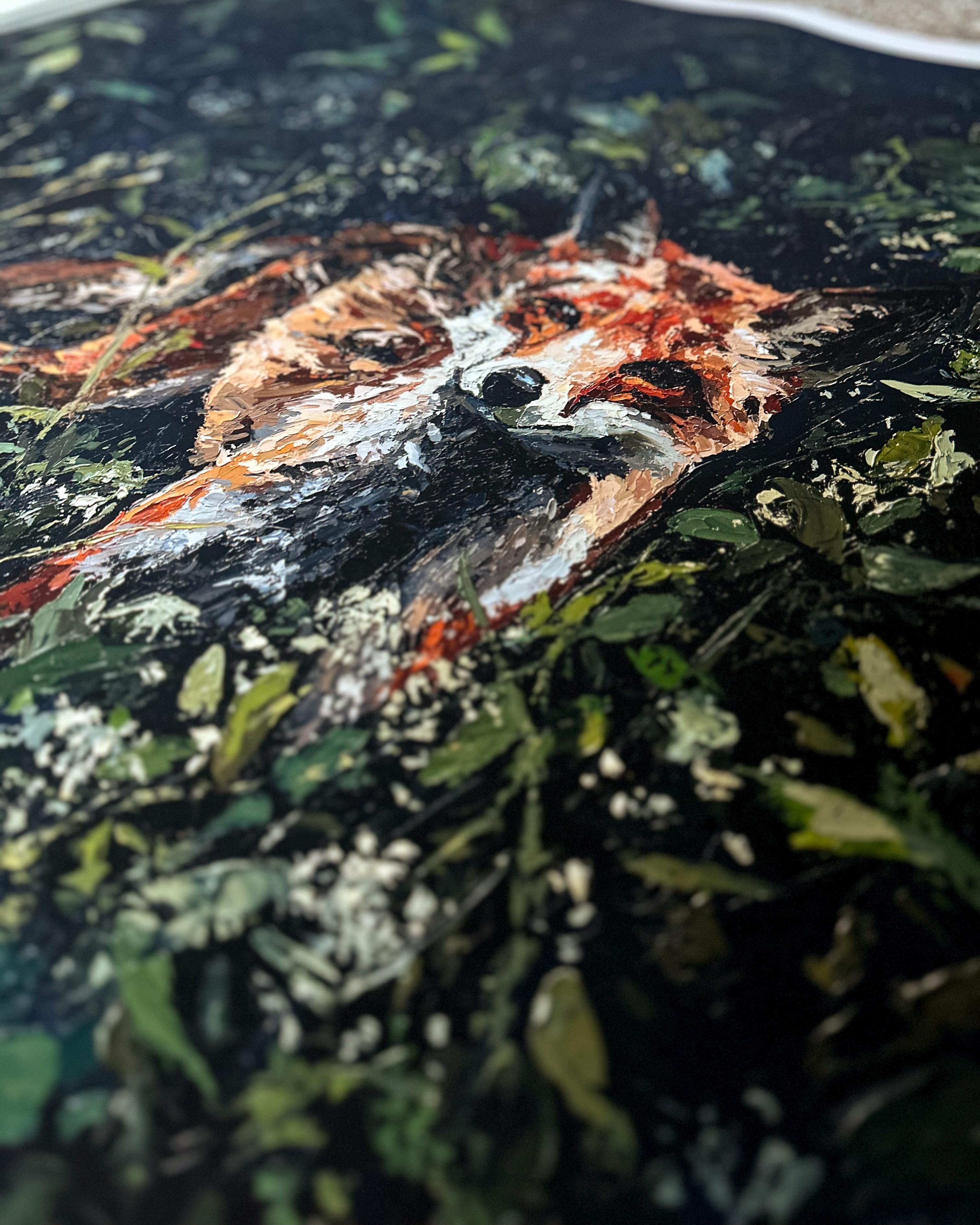 Close-up of a fine art print of a palette knife fox painting on a textured surface with green foliage
