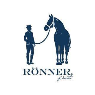 Logo of Rönner with a silhouette of a person and horse on a white background