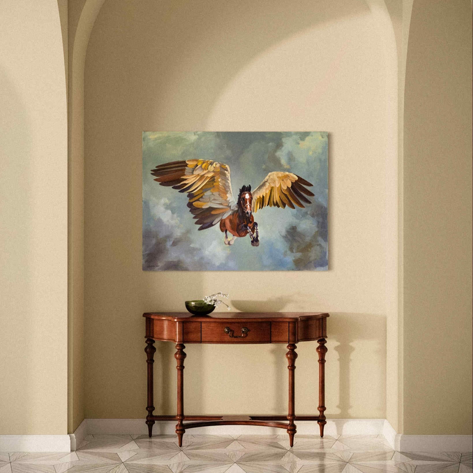 Painting of a winged Pegasus horse on a wall above a wooden console table in a room with arched doorways.